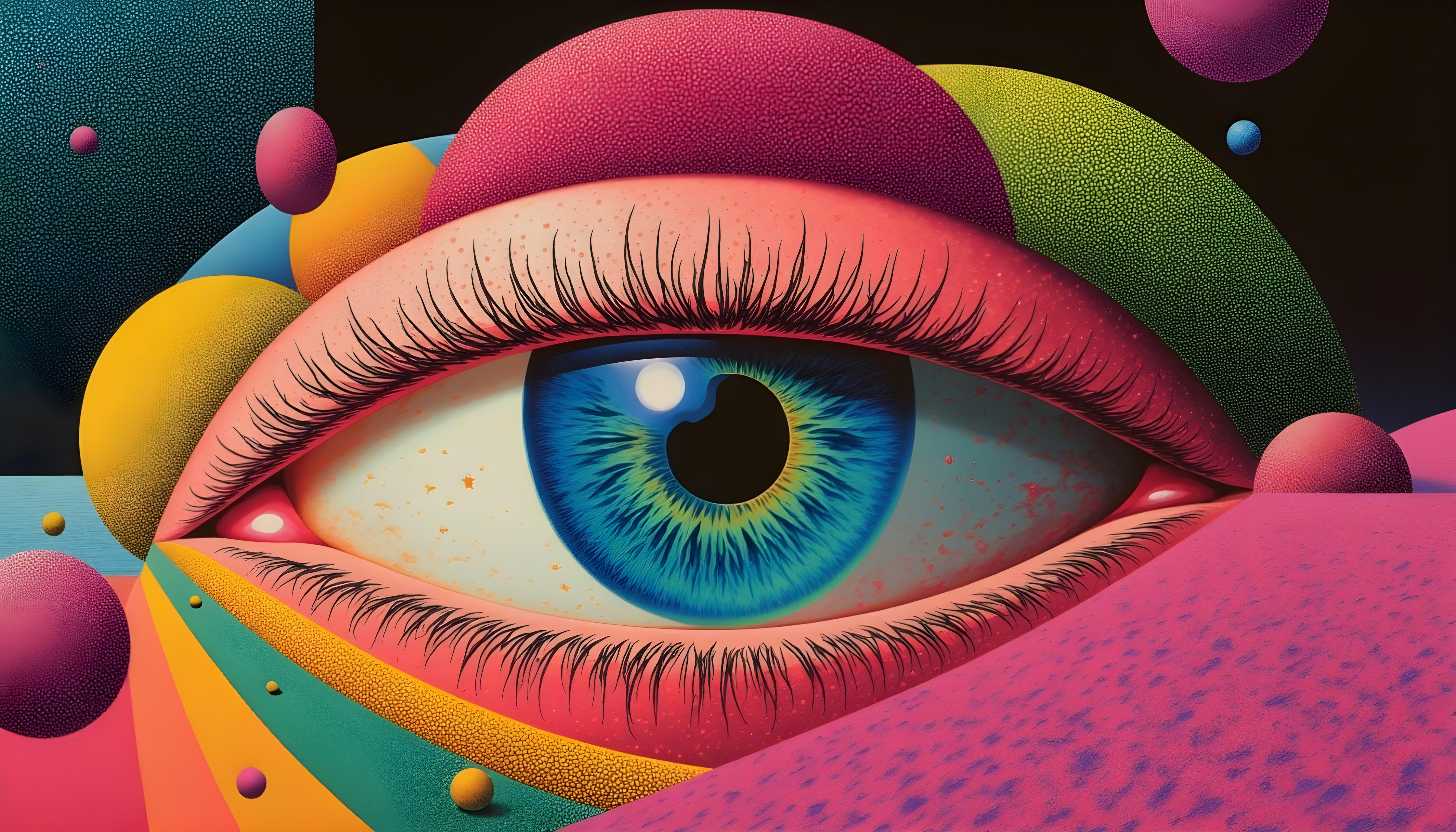Ilustración surrealista de un ojo en una composición de colores vibrantes